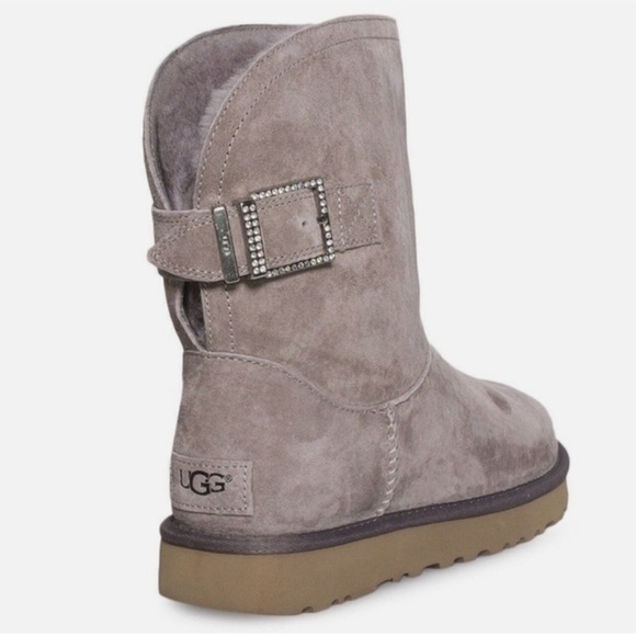 New Ugg Uggs Remora Crystals Buckle Suede Boots Stormy Grey Taupe 9